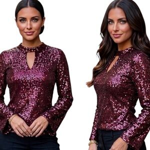 Cable & Gauge Red Wine & Pink Tones-Sequin Blouse for Glamorous Evenings